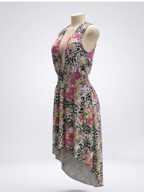 Sleeveless Floral V-Neck Asymmetrical Hem Dress in Pink